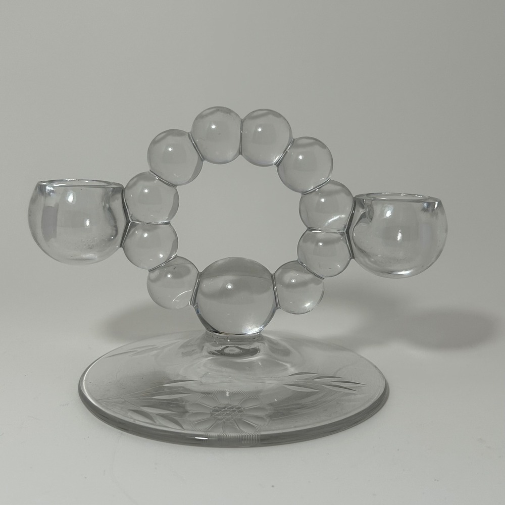 Vintage Imperial Clear Bubble Glass‎ Double Candle Holder Etched Floral Base